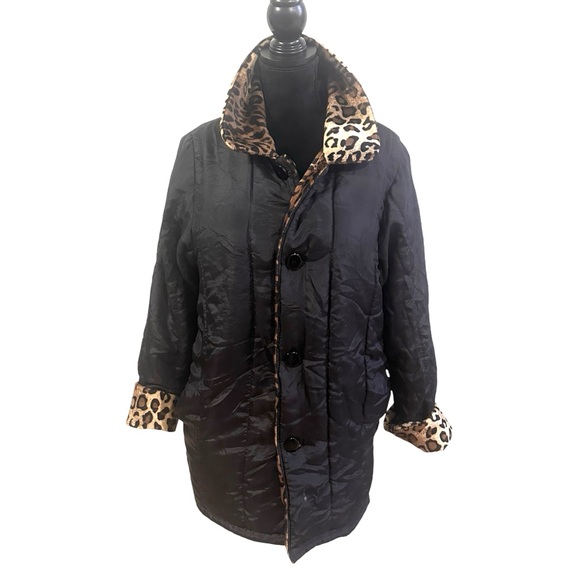 Vtg Haband Leopard Print Black Silk Pea Coat Size M 90's Mob Wife Glamour Wife - Picture 2 of 15